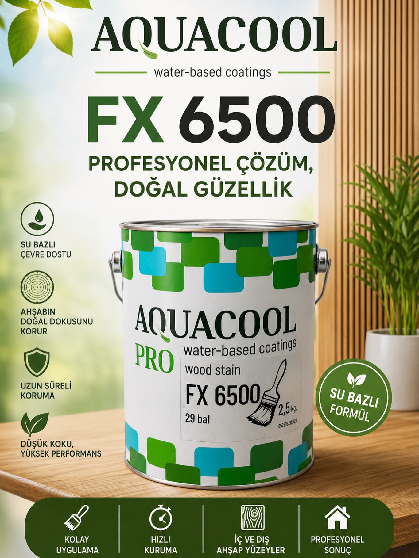 Aquacool FX 6500 Renkli Ahşap Koruyucu 2,5 kg – Su Bazlı, Renk + Vernik Bir Arada | İç ve Dış Mekan